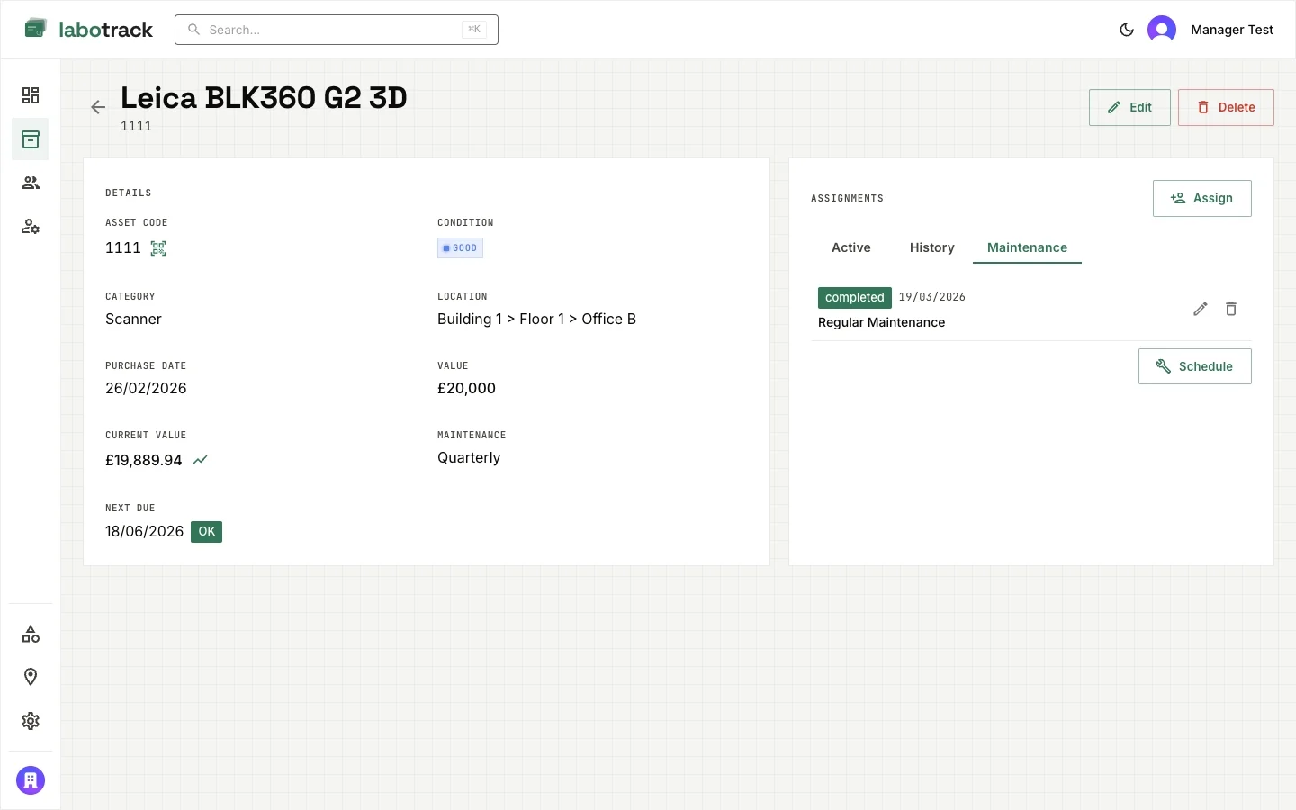 LaboTrack asset maintenance tab showing scheduled and completed maintenance records