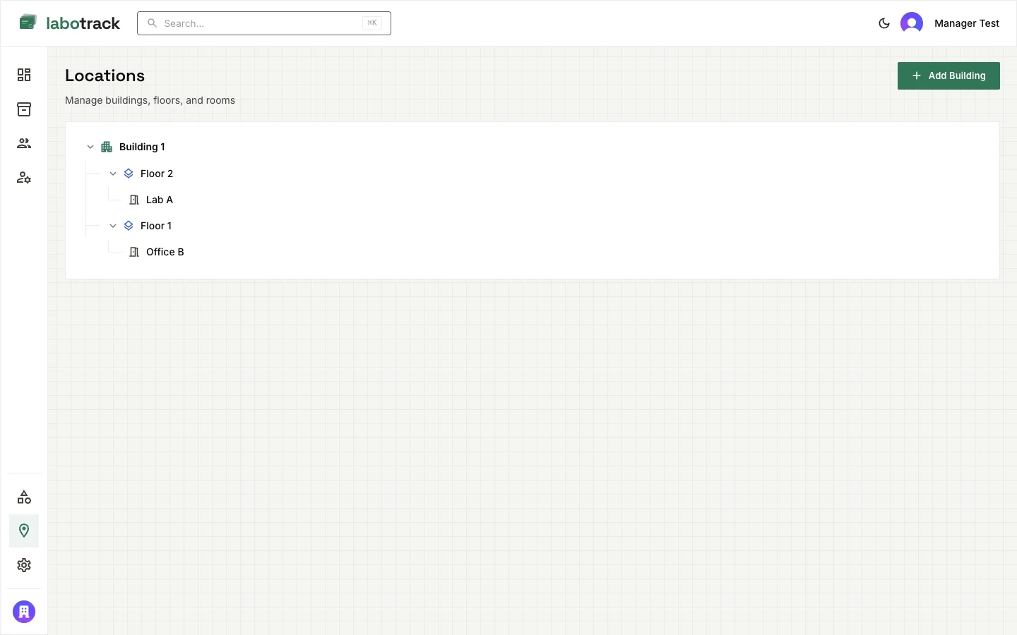 LaboTrack locations page with building, floor, and room hierarchy